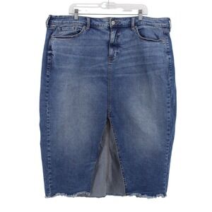 Torrid Denim Skirt Womens 20 Blue Jean Frayed Hem Front Slit Pencil Midi Skirt